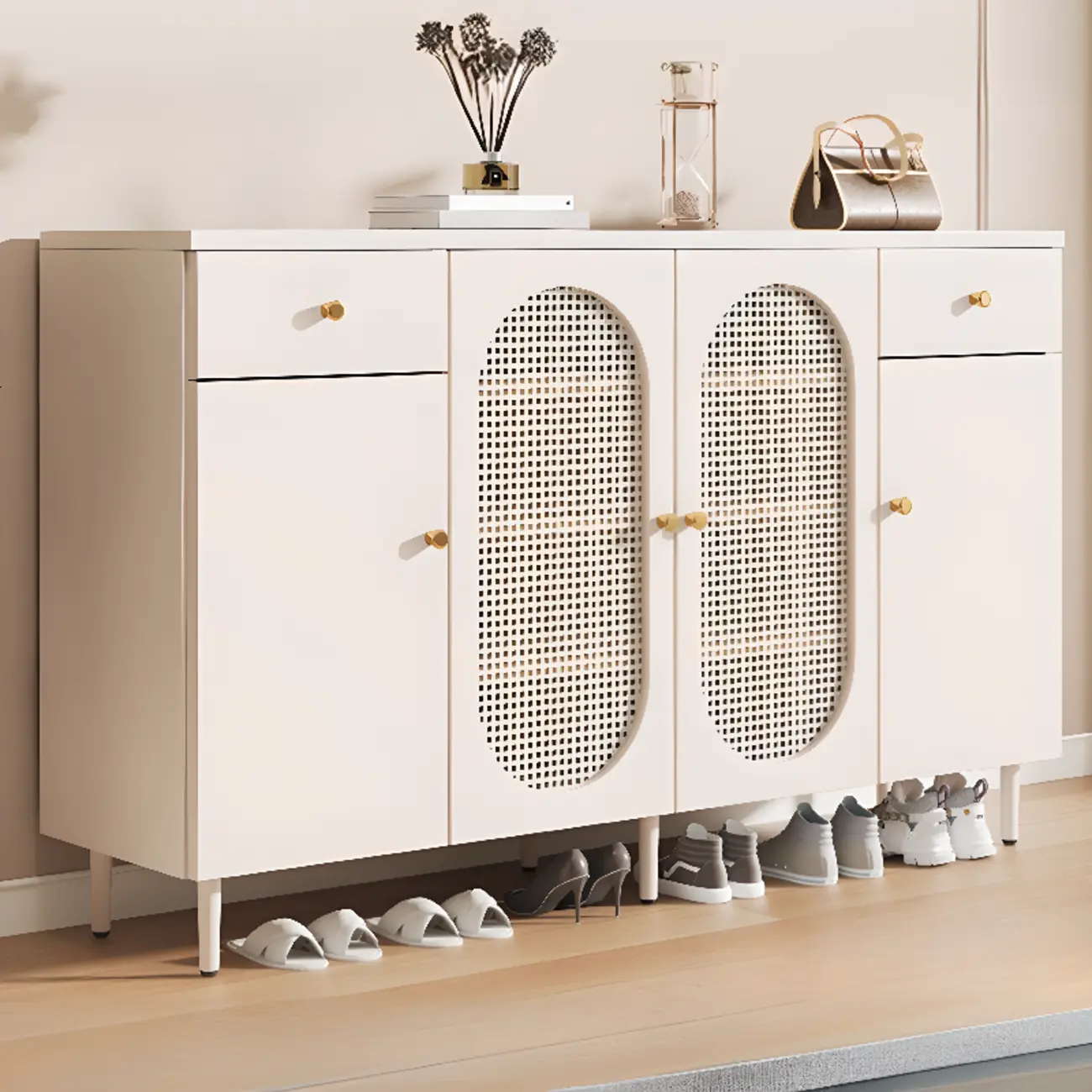 Modern White Wood Entryway Shoe Cabinet with Doors Image - 2 | homeyfad