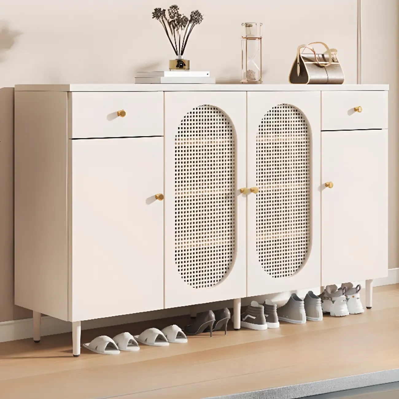 Modern White Wood Entryway Shoe Cabinet with Doors Image - 2