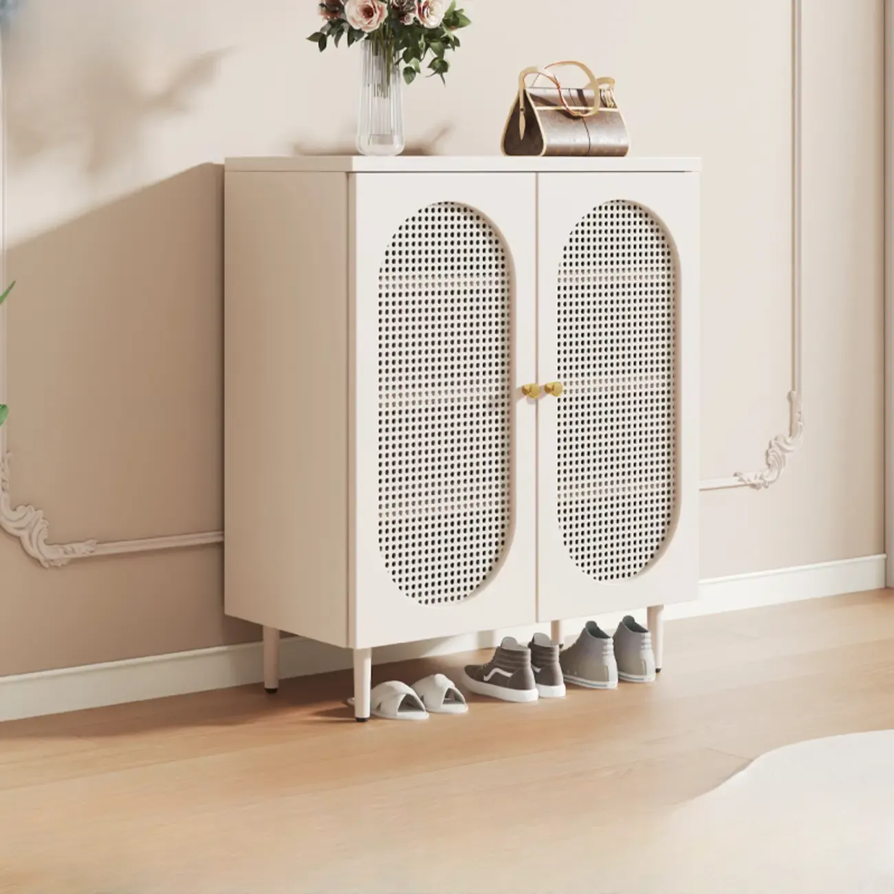 Modern White Wood Entryway Shoe Cabinet with Doors Image - 3