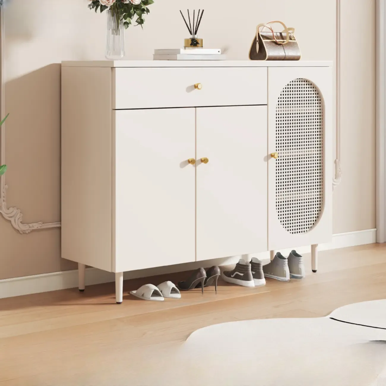 Modern White Wood Entryway Shoe Cabinet with Doors Image - 4