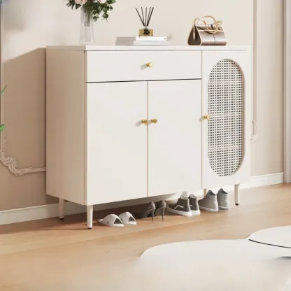 Modern White Wood Entryway Shoe Cabinet with Doors Image - 4