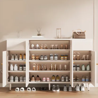 Modern White Wood Entryway Shoe Cabinet with Doors Image - 5
