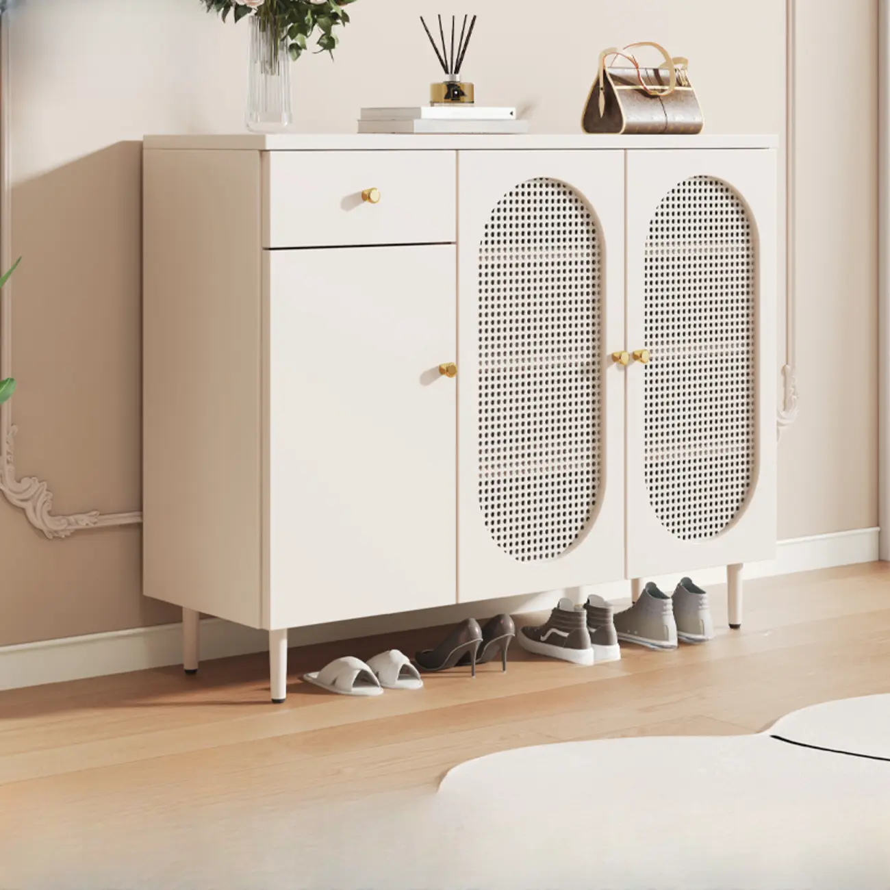 Modern White Wood Entryway Shoe Cabinet with Doors Image - 6 | homeyfad