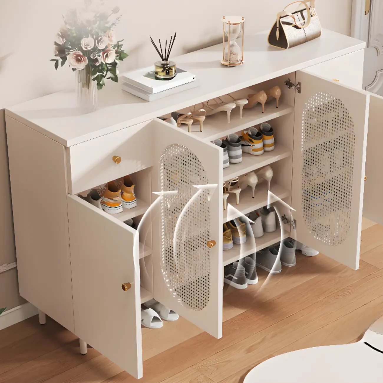 Modern White Wood Entryway Shoe Cabinet with Doors Image - 7