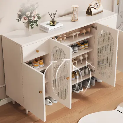 Modern White Wood Entryway Shoe Cabinet with Doors Image - 7