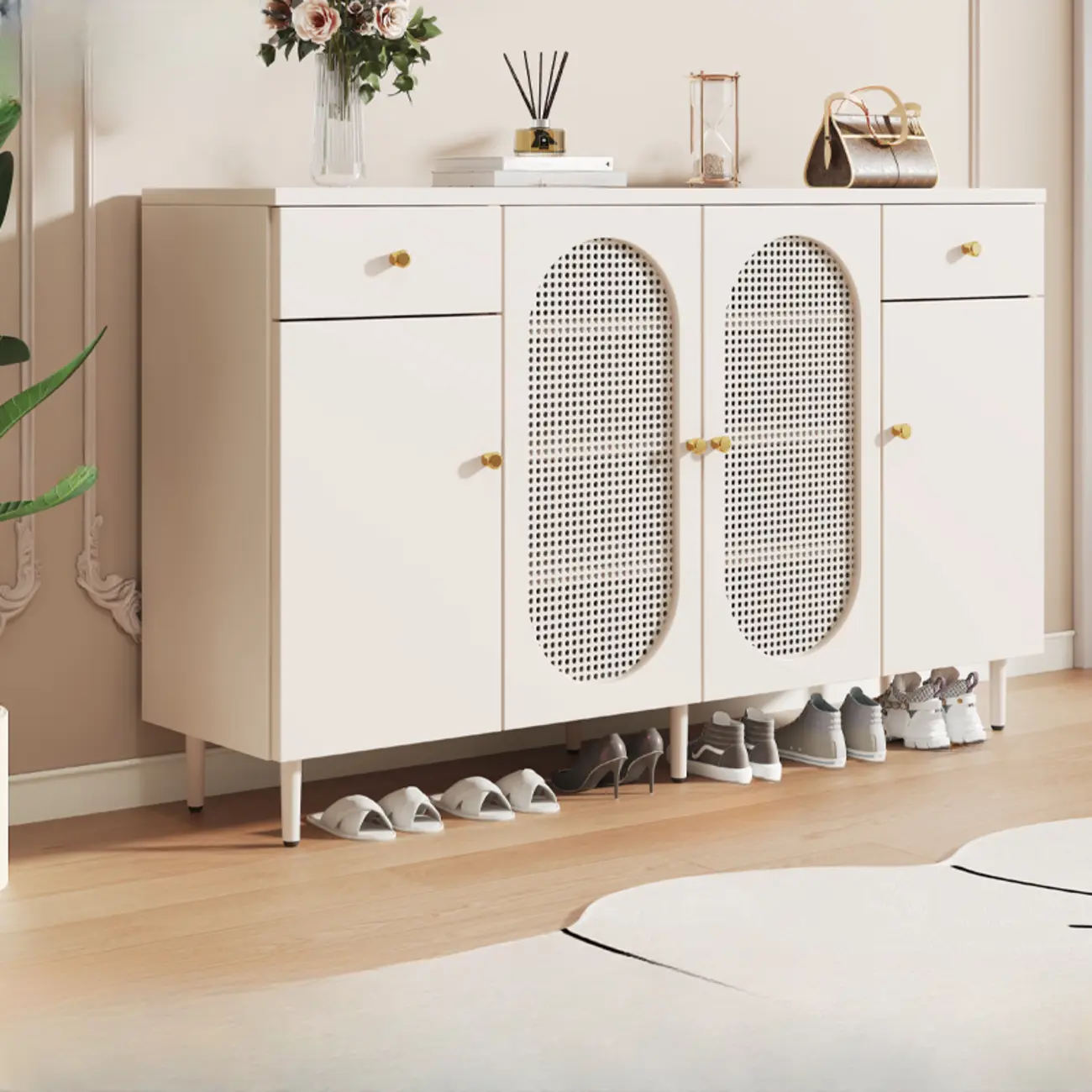 Modern White Wood Entryway Shoe Cabinet with Doors Image - 8 | homeyfad