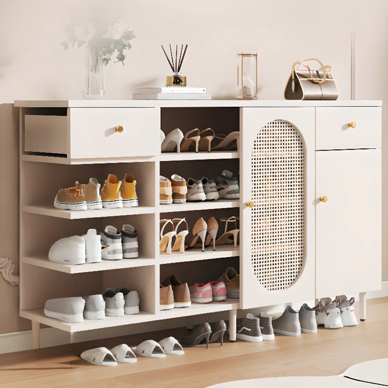 Modern White Wood Entryway Shoe Cabinet with Doors Image - 1 | homeyfad