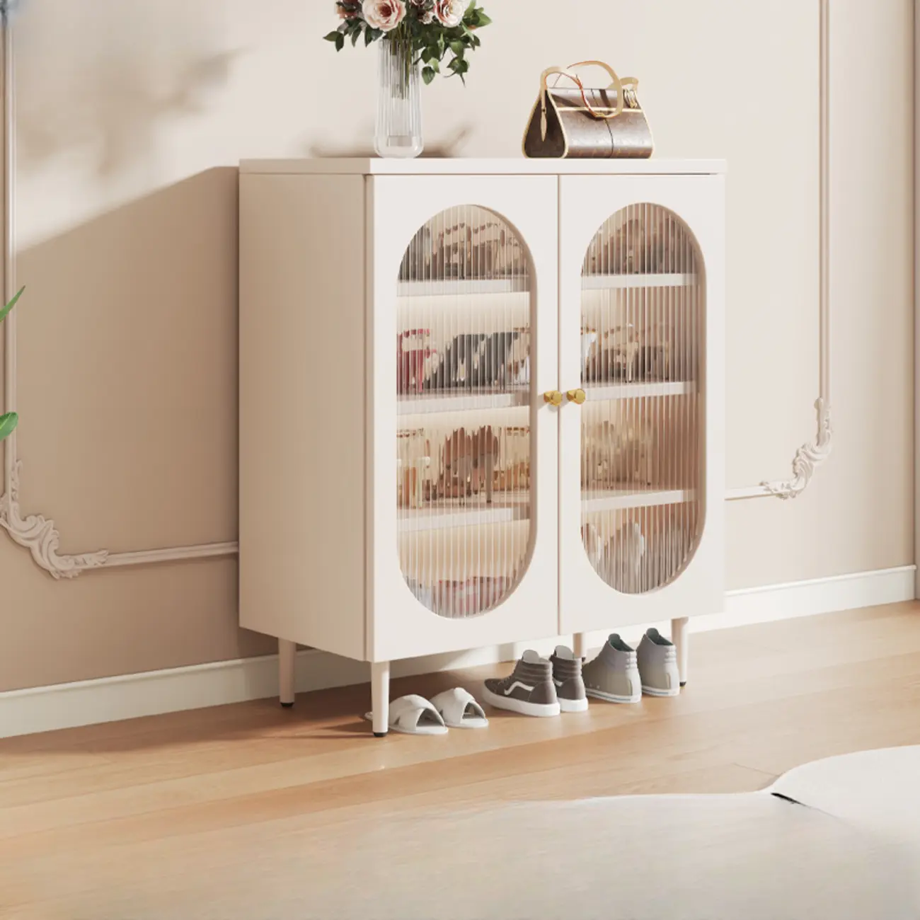 Modern White Wood Entryway Shoe Cabinet with Doors Image - 9 | homeyfad