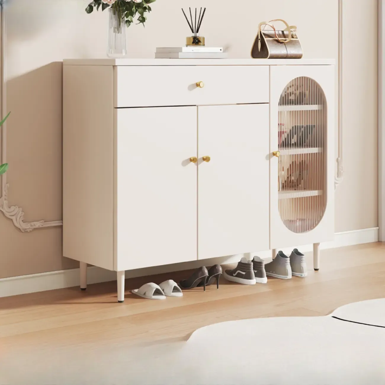 Modern White Wood Entryway Shoe Cabinet with Doors Image - 11