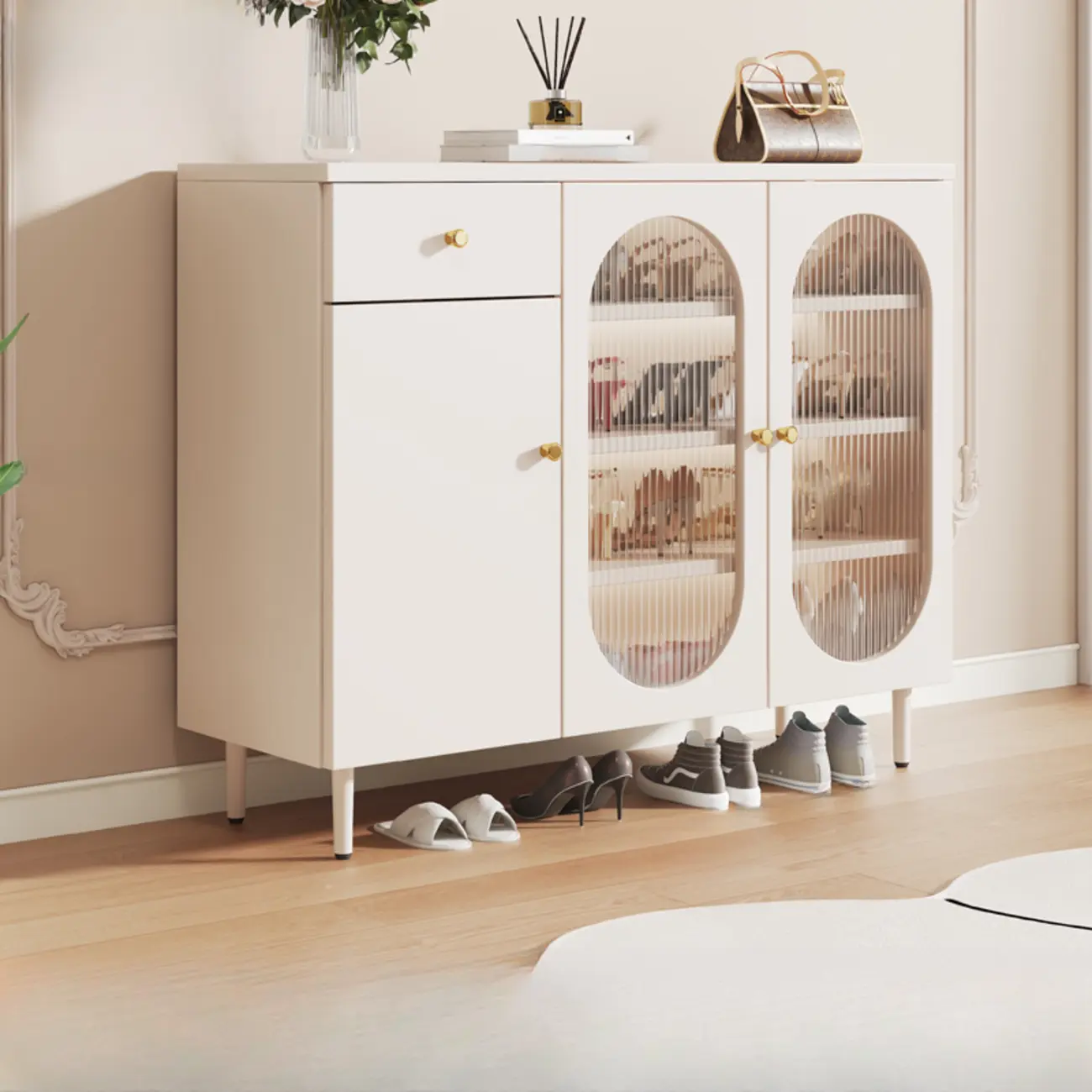 Modern White Wood Entryway Shoe Cabinet with Doors Image - 12 | homeyfad