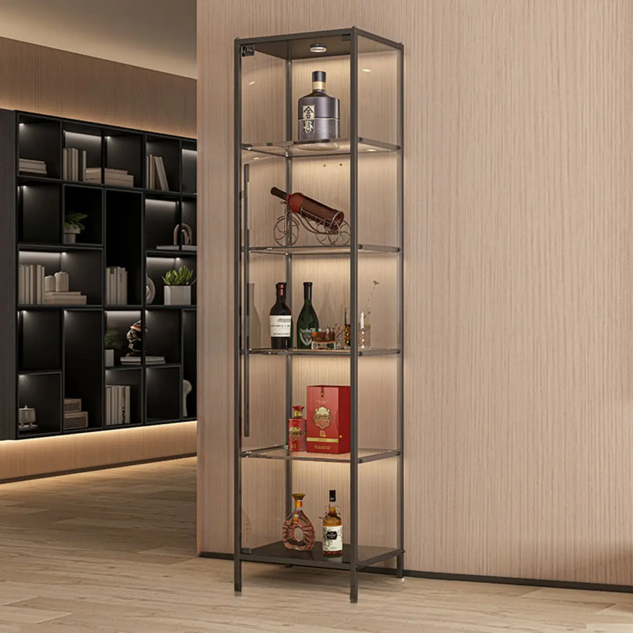 Lighting Metal Shelf Floor Wine Cabinet with Glass Doors Image - 1 | homeyfad