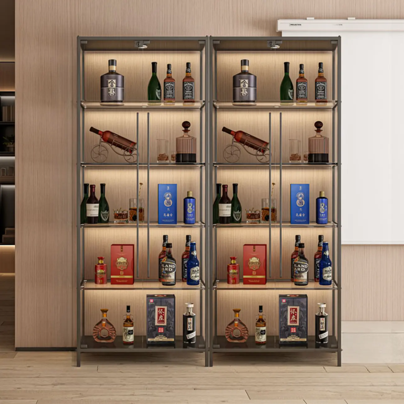 Lighting Metal Shelf Floor Wine Cabinet with Glass Doors Image - 4 | homeyfad
