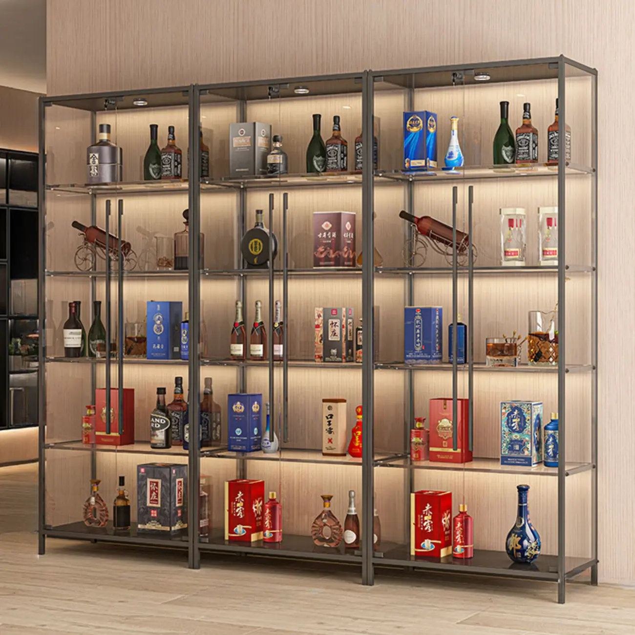 Lighting Metal Shelf Floor Wine Cabinet with Glass Doors Image - 5 | homeyfad