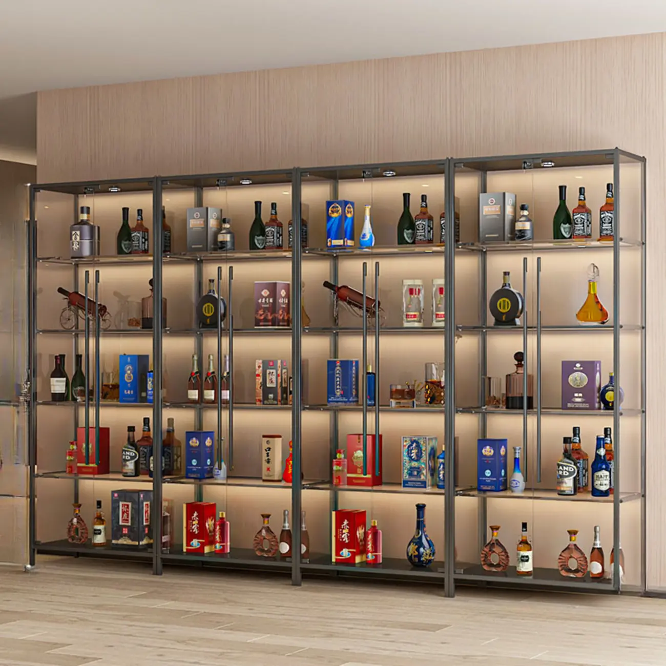 Lighting Metal Shelf Floor Wine Cabinet with Glass Doors Image - 6 | homeyfad