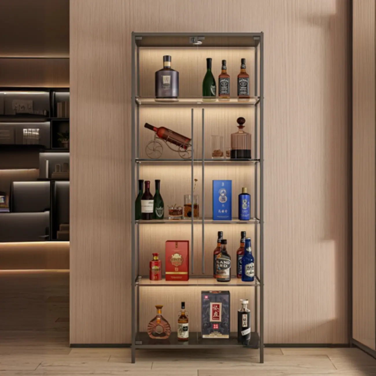 Lighting Metal Shelf Floor Wine Cabinet with Glass Doors Image - 3 | homeyfad