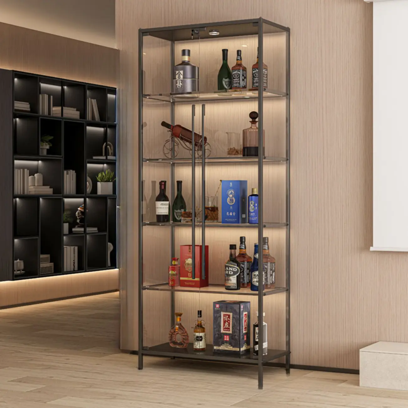 Lighting Metal Shelf Floor Wine Cabinet with Glass Doors Image - 2 | homeyfad