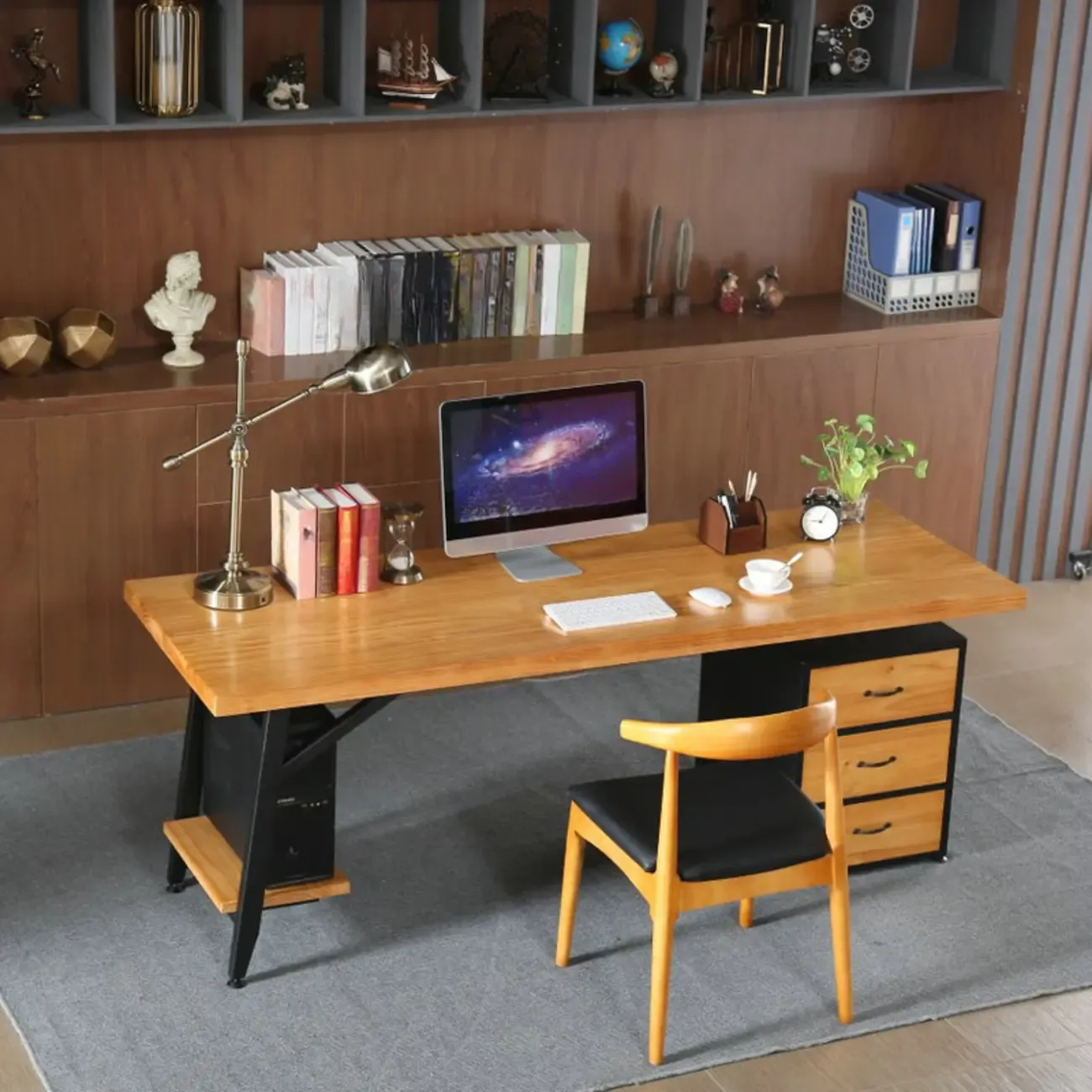 Minimalist Natural Wooden Office Desk with Drawers and Shelves Image - 2