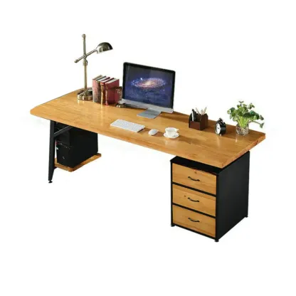 Minimalist Natural Wooden Office Desk with Drawers and Shelves Image - 3