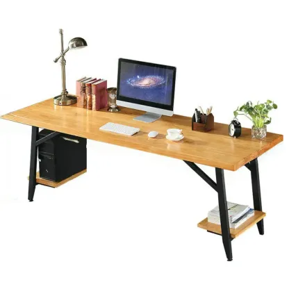 Minimalist Natural Wooden Office Desk with Drawers and Shelves Image - 4