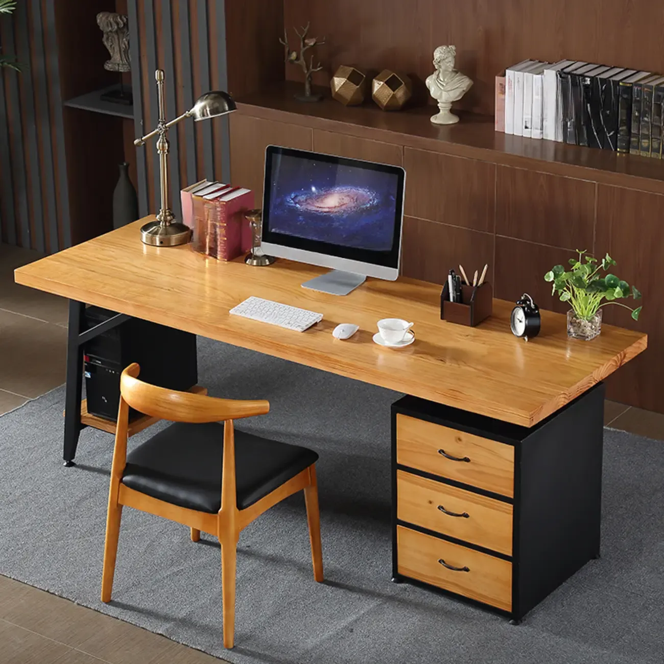 Minimalist Natural Wooden Office Desk with Drawers and Shelves Image - 1