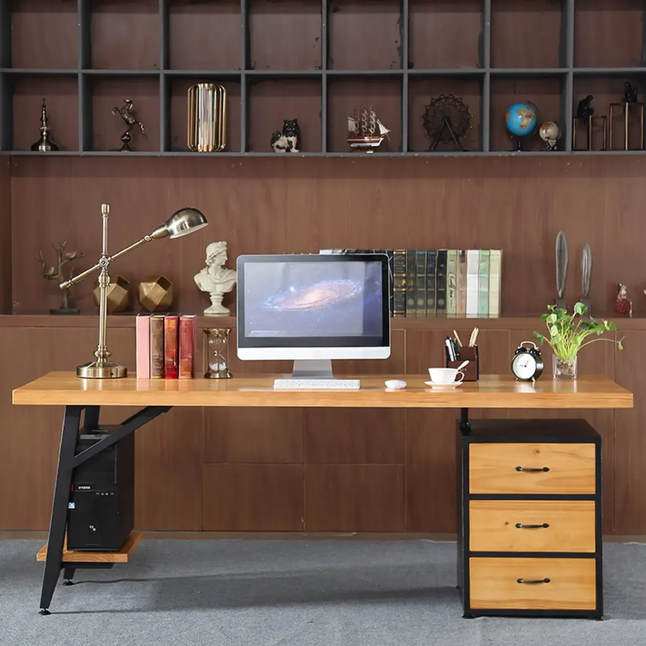 Minimalist Natural Wooden Office Desk with Drawers and Shelves Image - 5