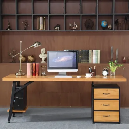 Minimalist Natural Wooden Office Desk with Drawers and Shelves Image - 5