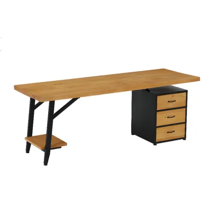 Minimalist Natural Wooden Office Desk with Drawers and Shelves Image - 7
