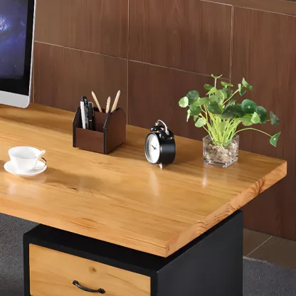 Minimalist Natural Wooden Office Desk with Drawers and Shelves Image - 8