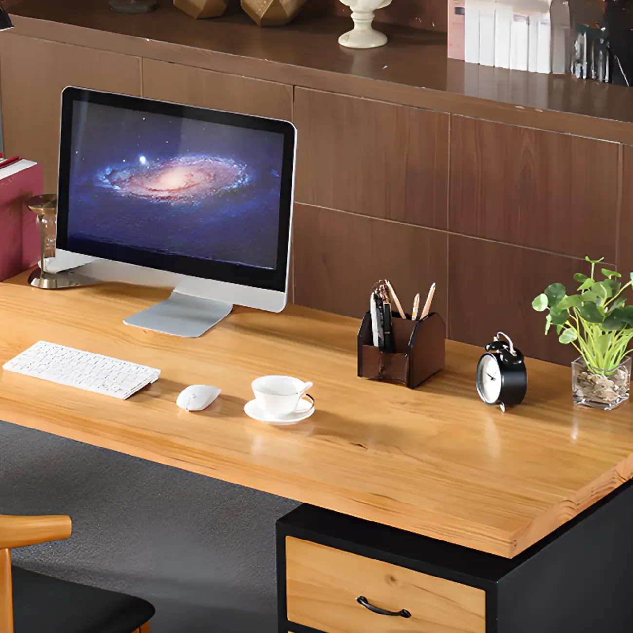 Minimalist Natural Wooden Office Desk with Drawers and Shelves Image - 10