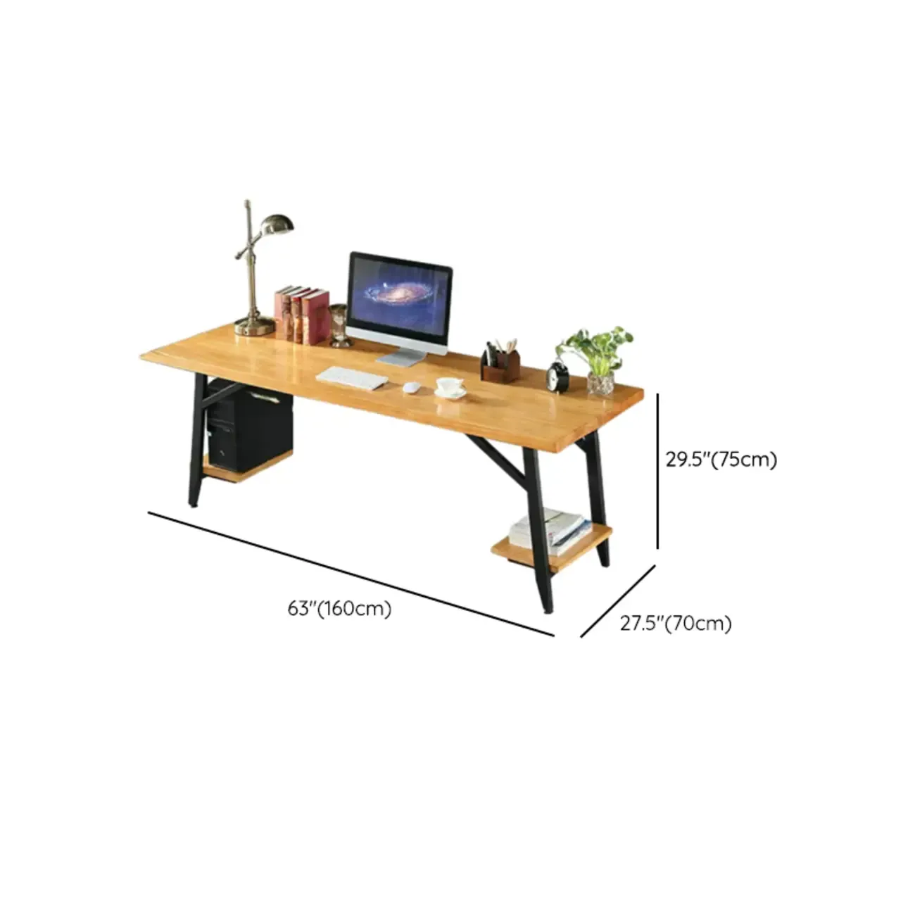 Minimalist Natural Wooden Office Desk with Drawers and Shelves Image - 18