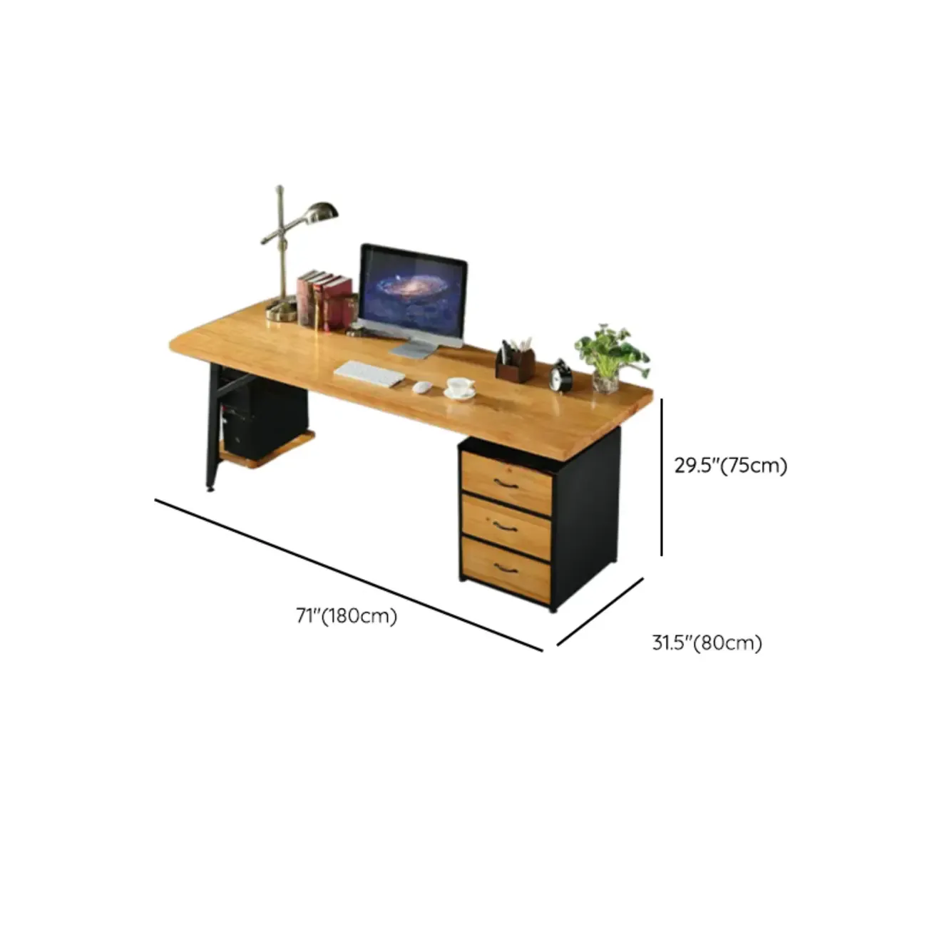 Minimalist Natural Wooden Office Desk with Drawers and Shelves Image - 19