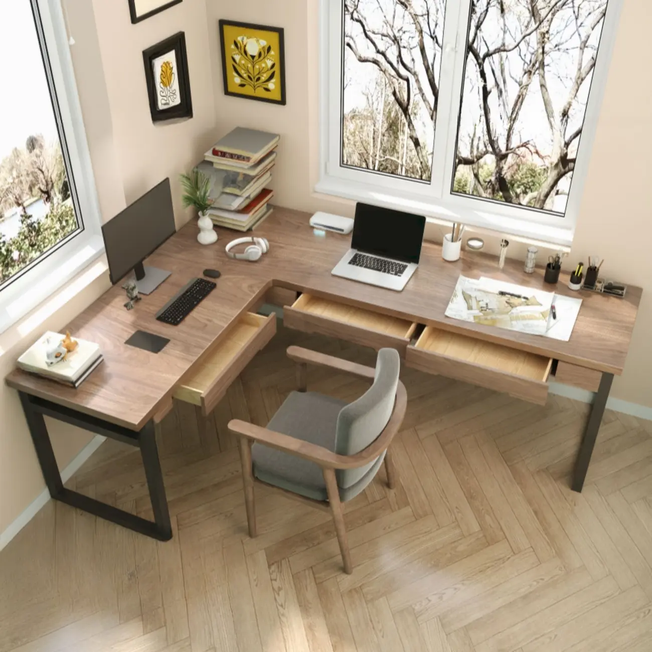 L-Shaped Modern Brown Wooden Drawer Office Desk Image - 1 | homeyfad