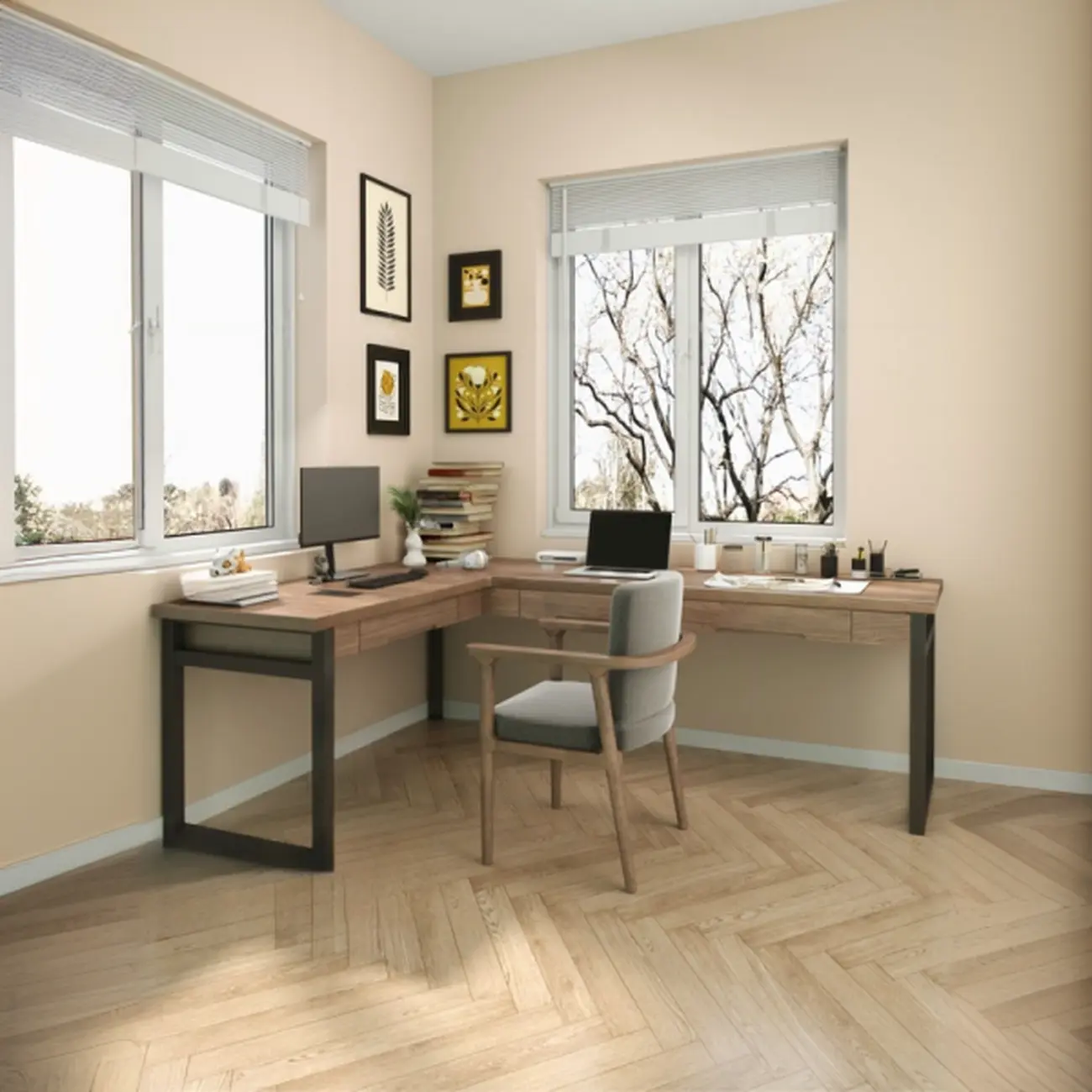 L-Shaped Modern Brown Wooden Drawer Office Desk Image - 2 | homeyfad