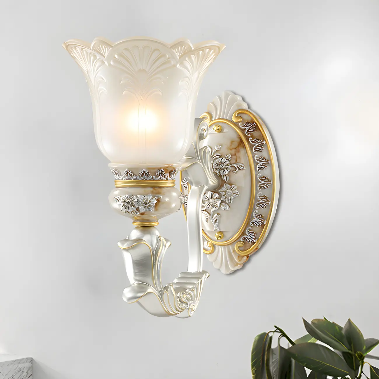 Retro Floral Wall Sconce Frosted Glass White Gold Image - 1 | homeyfad