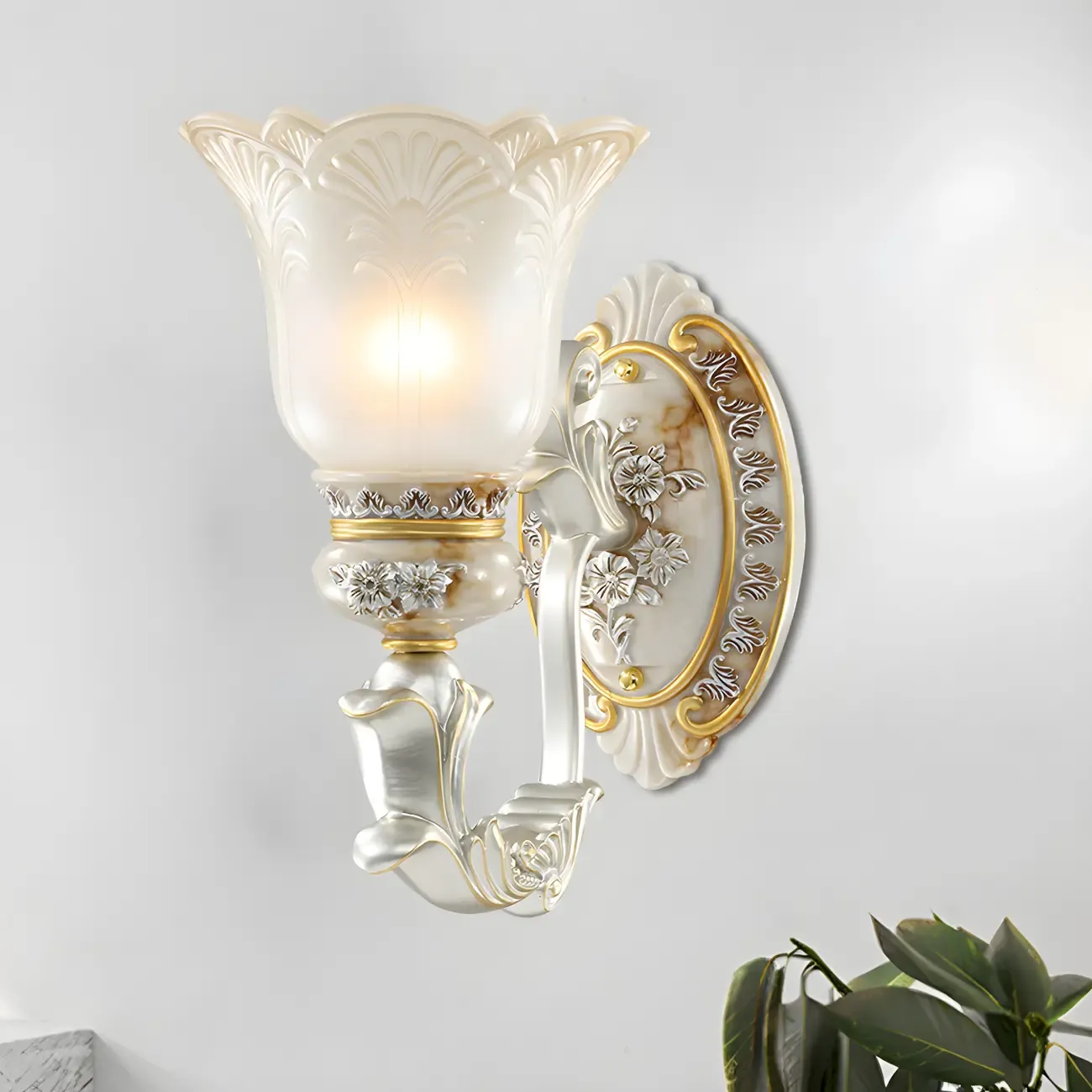 Retro Floral Wall Sconce Frosted Glass White Gold Image - 1