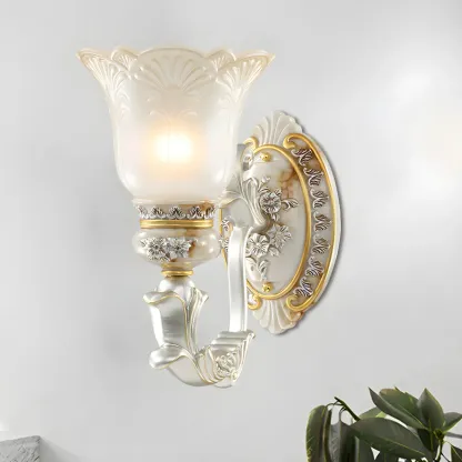 Retro Floral Wall Sconce Frosted Glass White Gold Image - 1