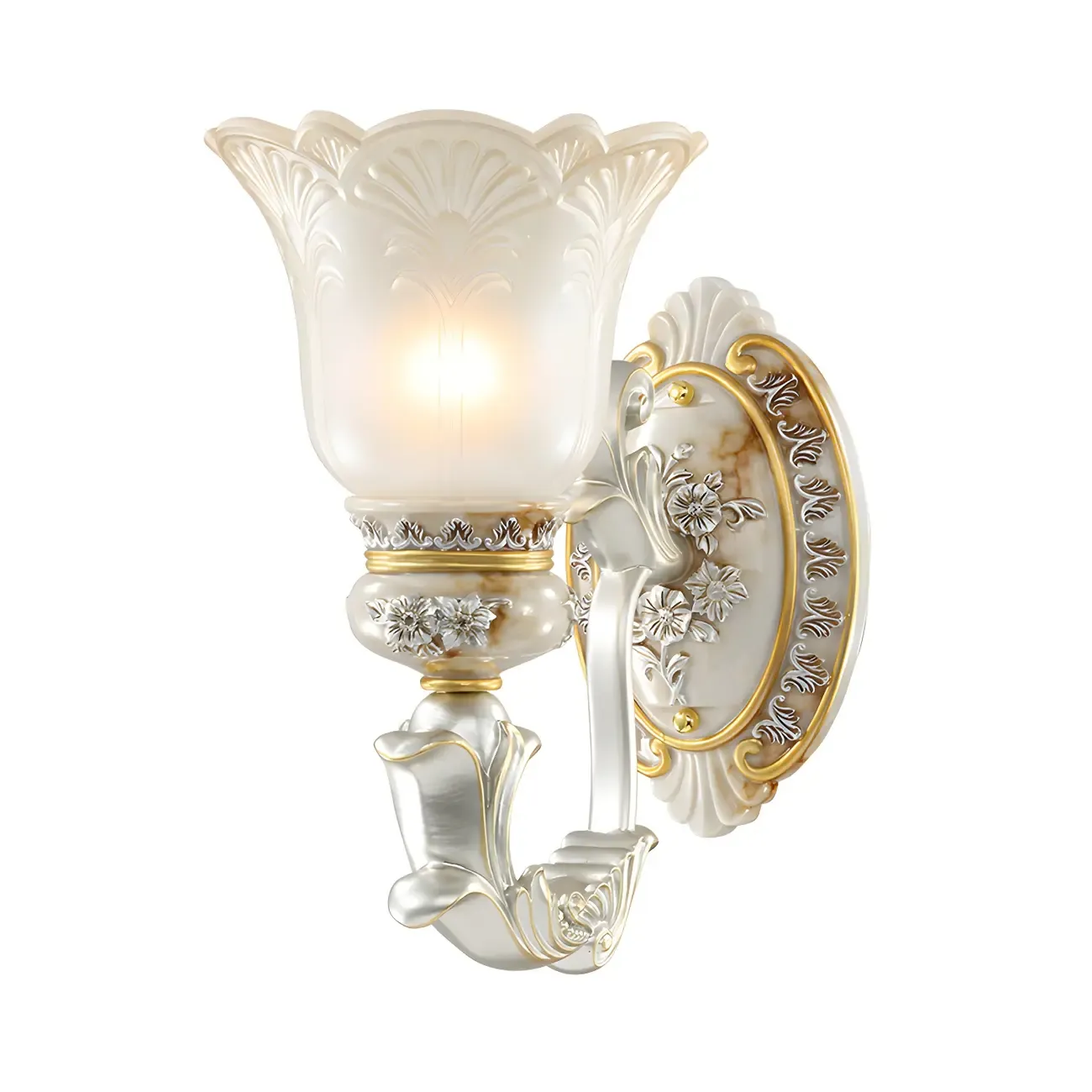 Retro Floral Wall Sconce Frosted Glass White Gold Image - 3