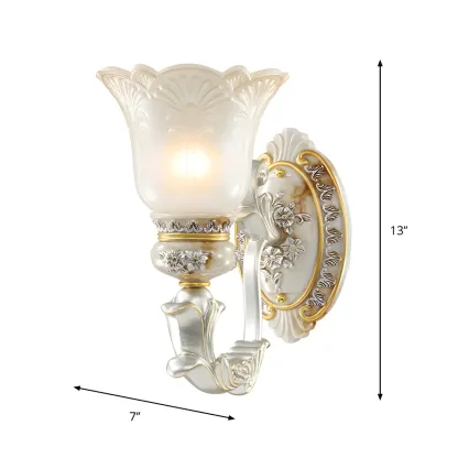 Retro Floral Wall Sconce Frosted Glass White Gold Image - 4
