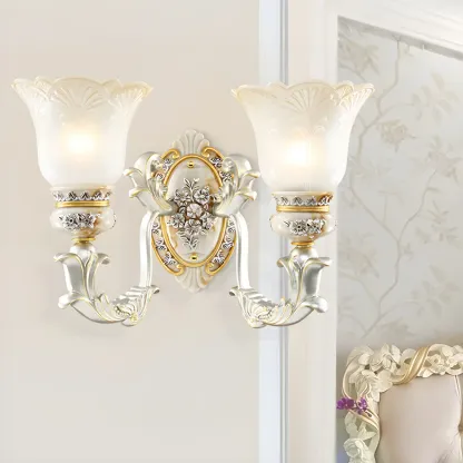 Retro Floral Wall Sconce Frosted Glass White Gold Image - 2