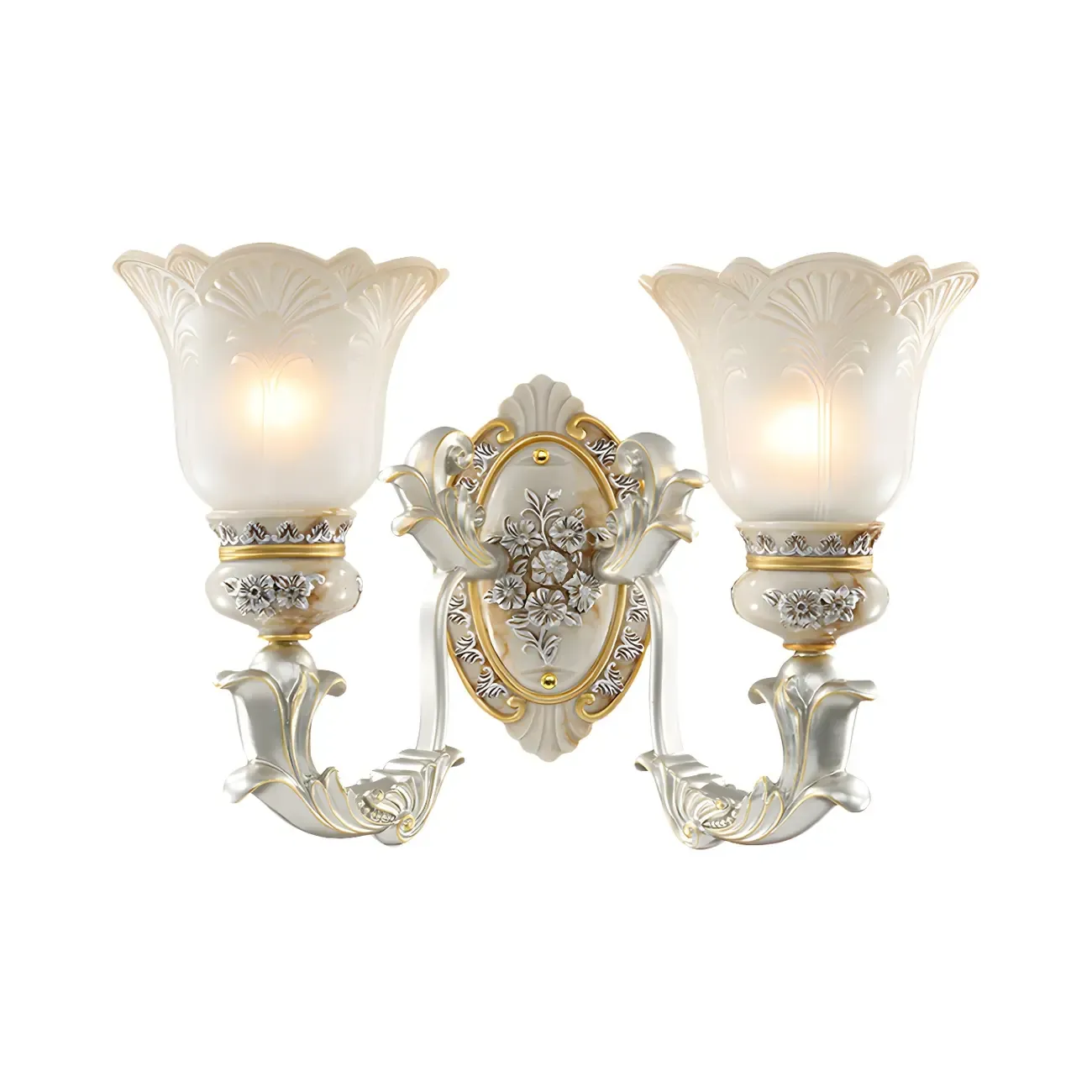 Retro Floral Wall Sconce Frosted Glass White Gold Image - 6