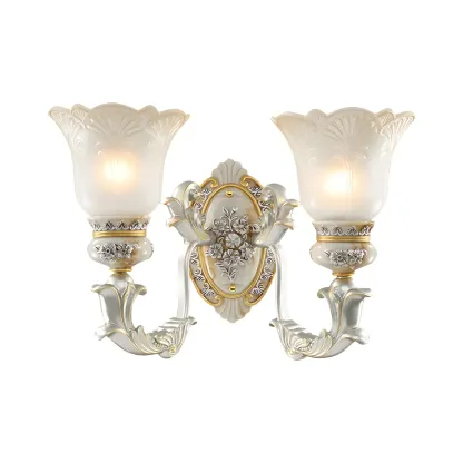 Retro Floral Wall Sconce Frosted Glass White Gold Image - 6