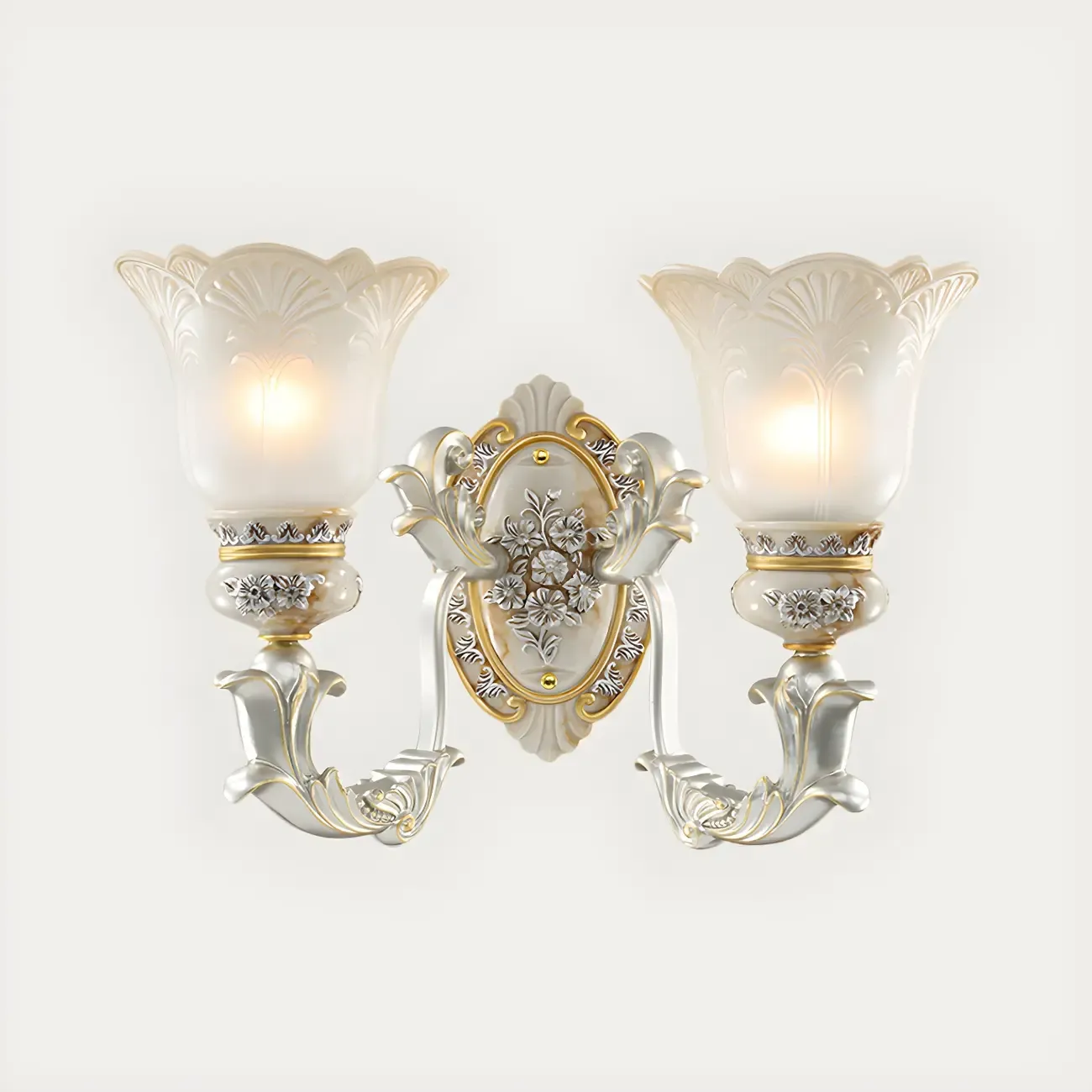 Retro Floral Wall Sconce Frosted Glass White Gold Image - 7
