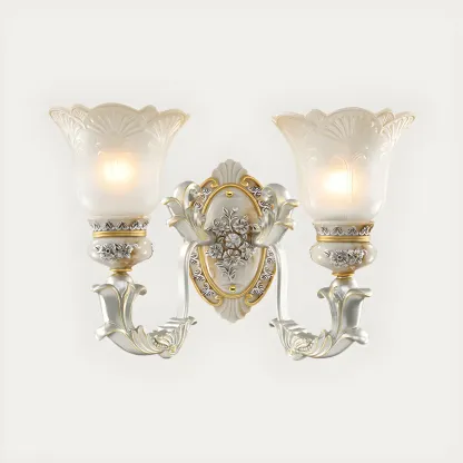 Retro Floral Wall Sconce Frosted Glass White Gold Image - 7