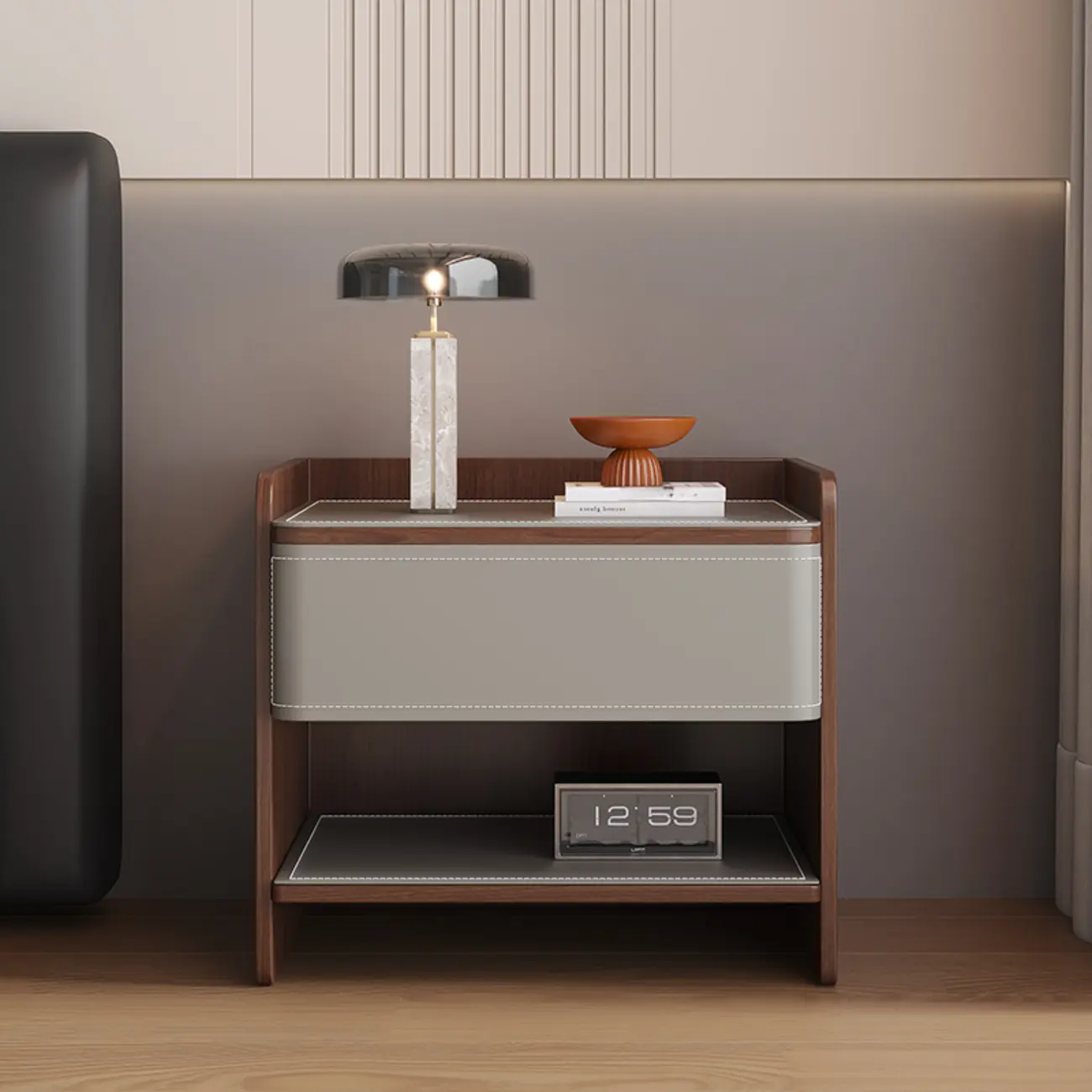 Art Deco Wood Faux Leather Open Shelf Nightstand with Drawer Image - 3 | homeyfad