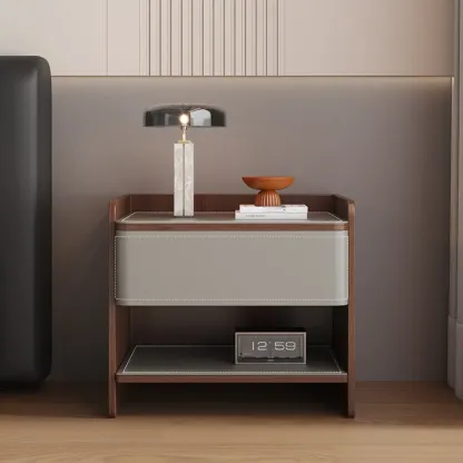 Art Deco Wood Faux Leather Open Shelf Nightstand with Drawer Image - 3