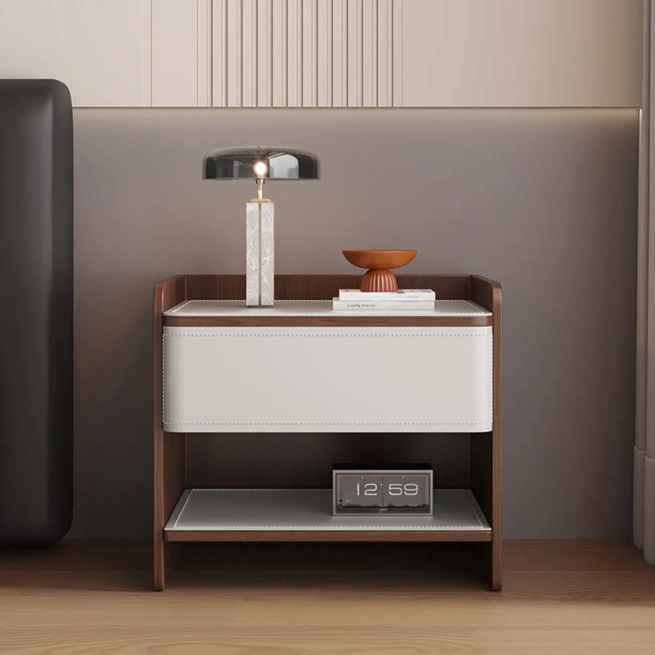 Art Deco Wood Faux Leather Open Shelf Nightstand with Drawer Image - 1 | homeyfad