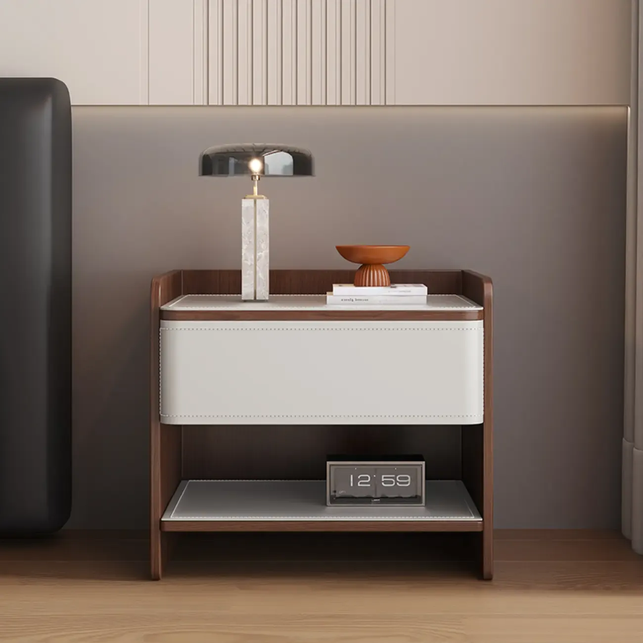 Art Deco Wood Faux Leather Open Shelf Nightstand with Drawer Image - 1