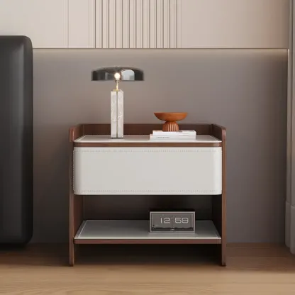 Art Deco Wood Faux Leather Open Shelf Nightstand with Drawer Image - 1