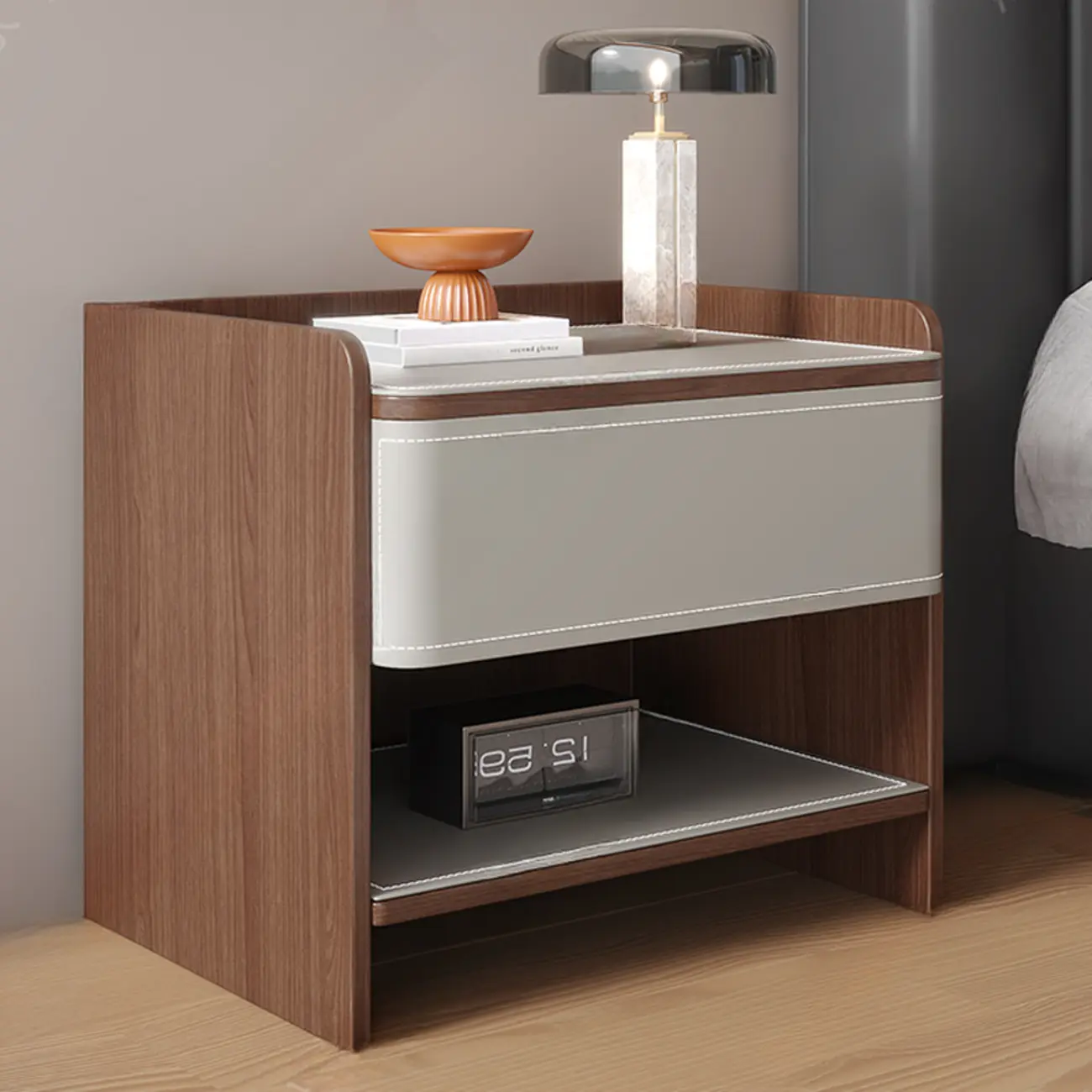 Art Deco Wood Faux Leather Open Shelf Nightstand with Drawer Image - 2 | homeyfad