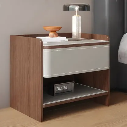 Art Deco Wood Faux Leather Open Shelf Nightstand with Drawer Image - 2